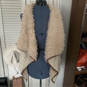 Faux Shearling Vest with Brown Leather Trim
